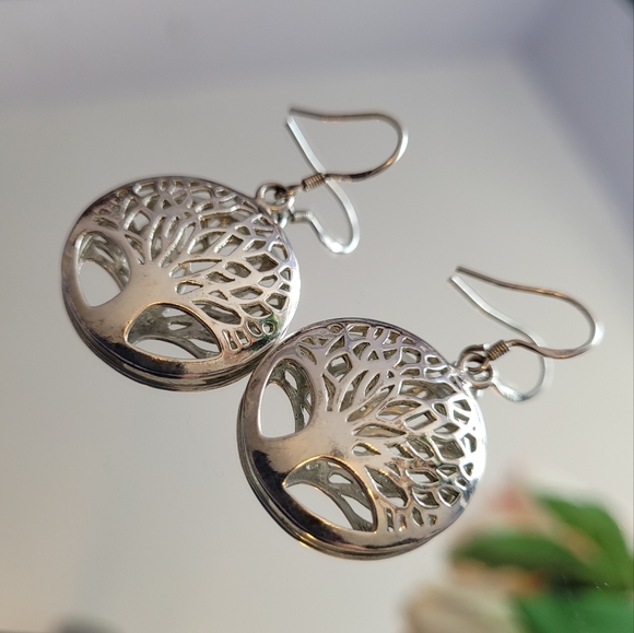 925 Stirling Silver Filigree Tree Earrings - Picture 2 of 4